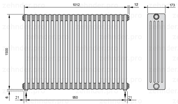 Схема (чертеж) Радиатор Zehnder Charleston 5150/22 №5310 Белый глянцевый RAL 9016